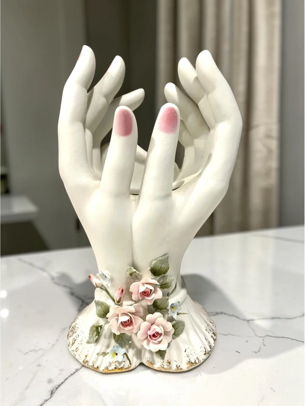Vintage Lefton 1791 Lady Hands Bud Vase Bisque Porcelain Roses Japan 6.75”